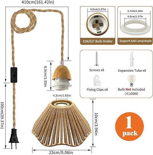 Miniatura 2 de Luces colgantes de granja con cable enchufable, cable de luz colgante de cuerda de cáñamo rústica de 16.7 pies, 9.1 x 3.9 in, cuerda de cáñamo