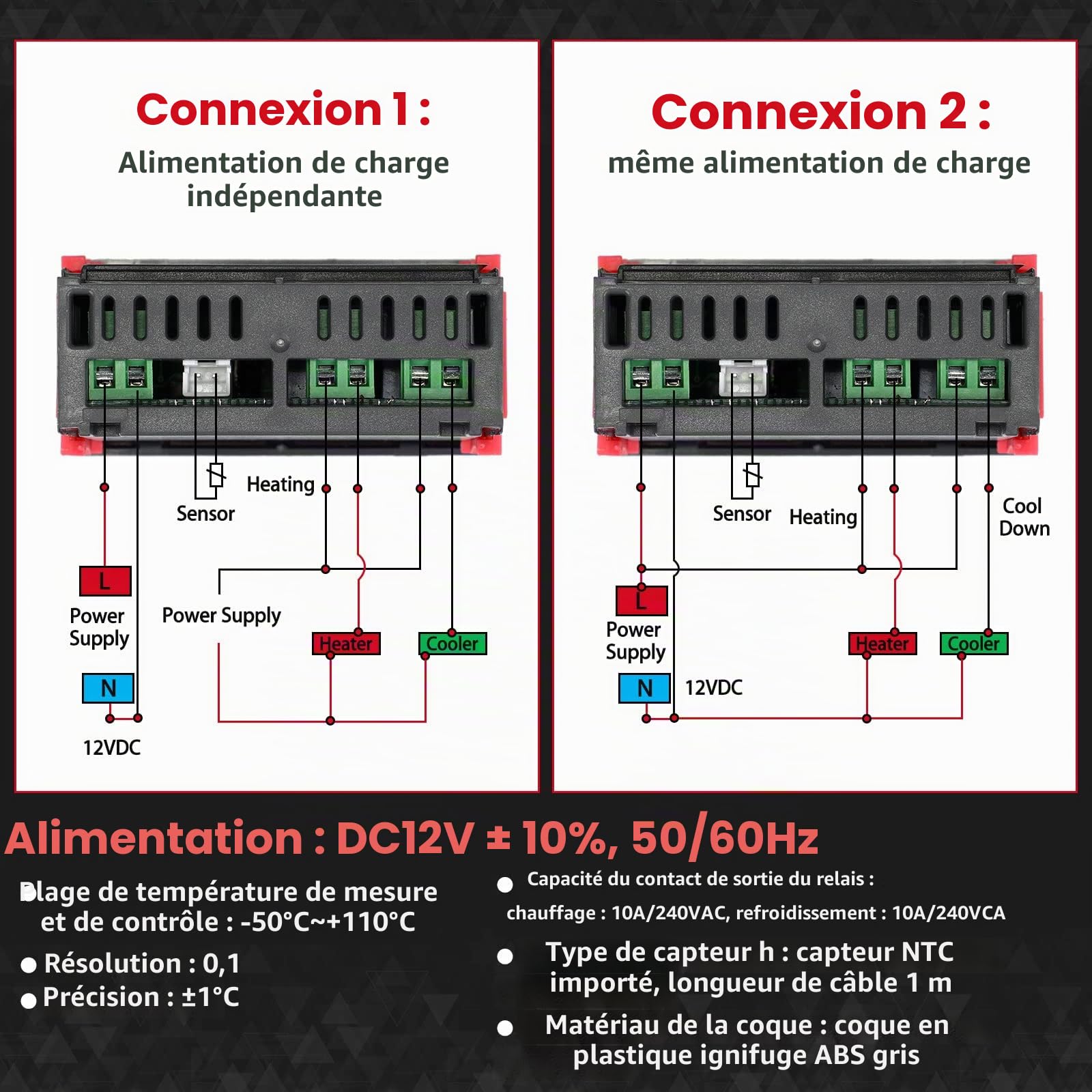 2 Pièces Régulateur de Température Numérique STC-1000 DC 12V 10A Thermostat Centigrade Contrôleur de Température Numérique Général Étalonnage de Température avec Capteur 2 Sorties Relais
