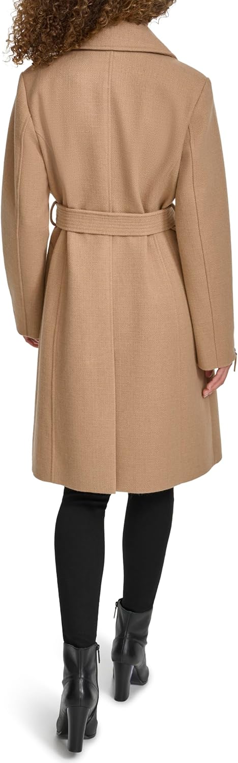 Kenneth Cole Women's Wool Tweed Textured Asymmetrical Zip Belted Wool Coat With Zipper Trim