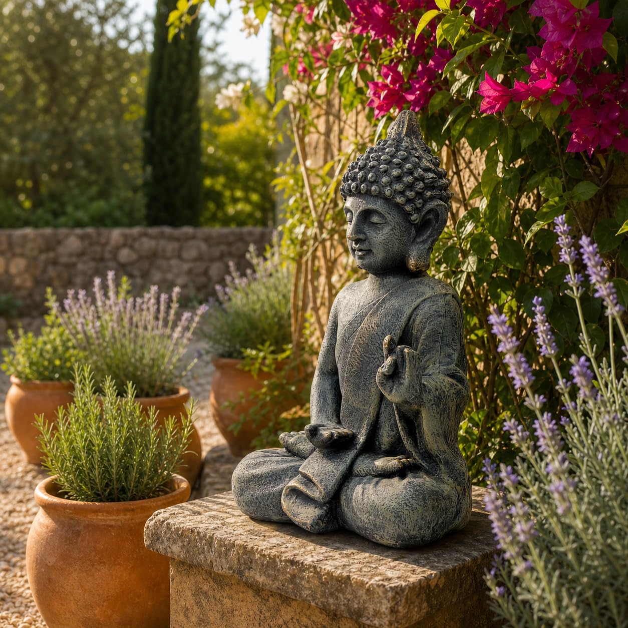 Buddha Figur Groß 52cm Betend – Buddha Statue in Steinoptik – Deko Skulptur für Wohnzimmer Innen, Zen Feng Shui Dekofigur