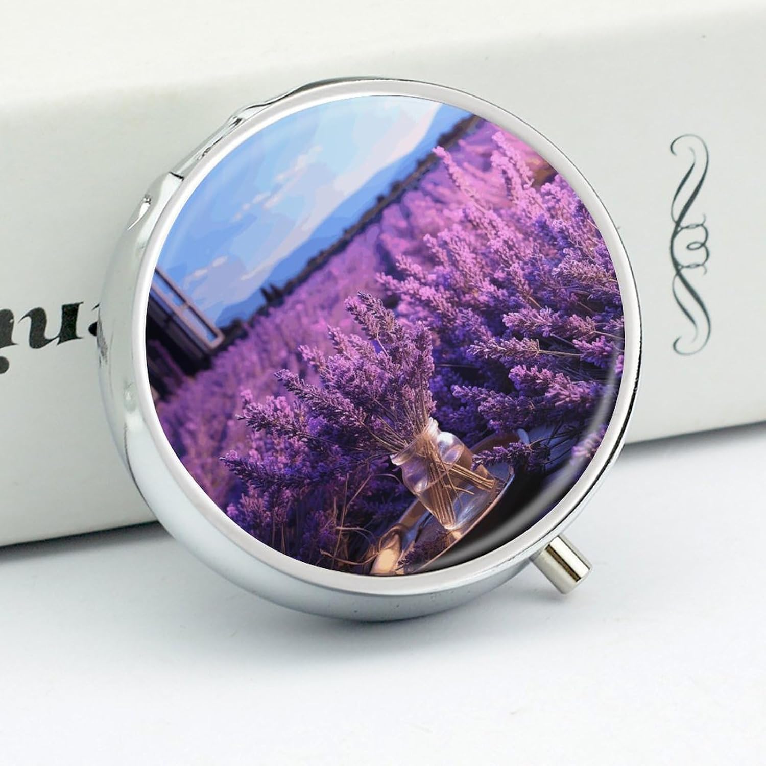 Round Silver Pill Box Small Pill Case for Purse and Pocket 3 Compartment image 4