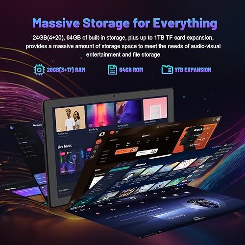 Miniatura 4 de Gleeso Tableta, la última tableta Android 15 de 10 pulgadas, 8 núcleos, 20GB+64GB+1TB TF, cámara dual, Widevine L1, Face ID, batería de 5000mAh,