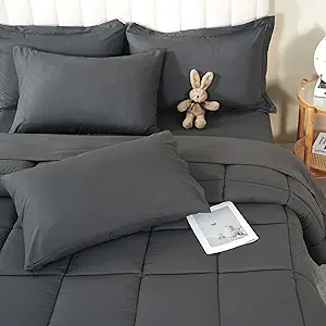 DOWNCOOL King Size Comforter Set, 7Pcs Bedding Comforter Sets Grey, All Season Down Alternative Bedding Comforter Sets with Comforter, Flat Sheet, Fitted Sheet, 2 Pillow Shams & 2 Pillowcases