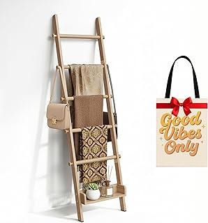 Wooden Blanket Ladder for Living Room & Bedroom, 6-Tier Rustic Decorative Farmhouse Style Quilt Rack with Side Hooks, Wall Leaning Ladder Shelf for Bathroom with Bottom Display Storage, Natural