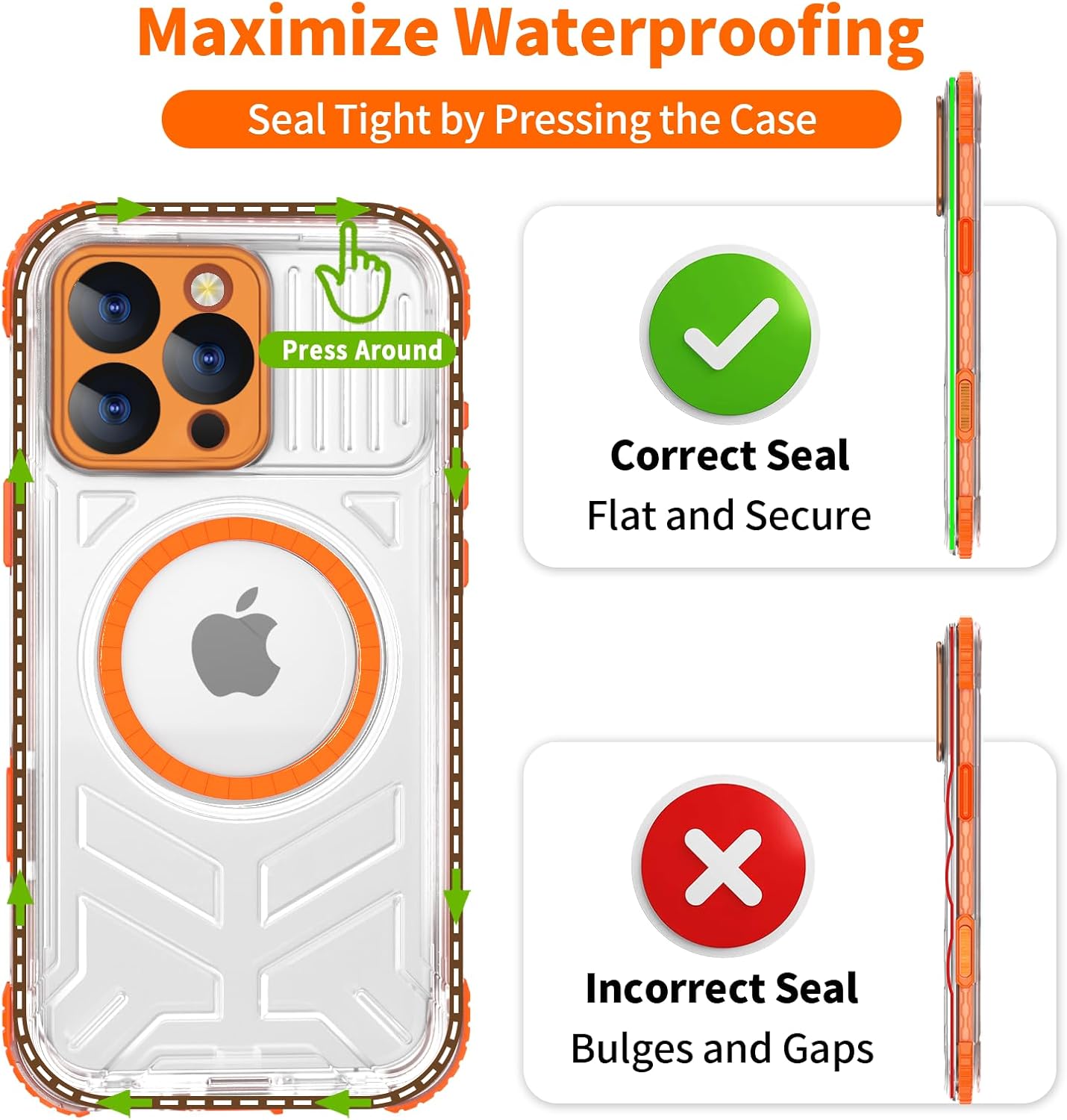 for iPhone 16 Pro Waterproof Case Compatible with MagSafe, IP68 Underwater Case Built-in Screen Protector, Slim Translucent 360° Full Body Protection, 12FT Military Grade, 6.3 Inch (Orange)