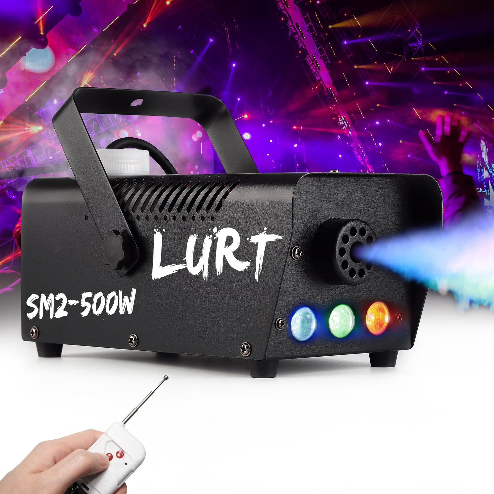 Fog Machine Auto Smoke LURT LED Light 500W Mini Wireless Remote Control Mode Portable for Parties Outdoor Halloween Wedding Stage Effect Indoor Disco and Disinfection 2500CFM Fuse Protection