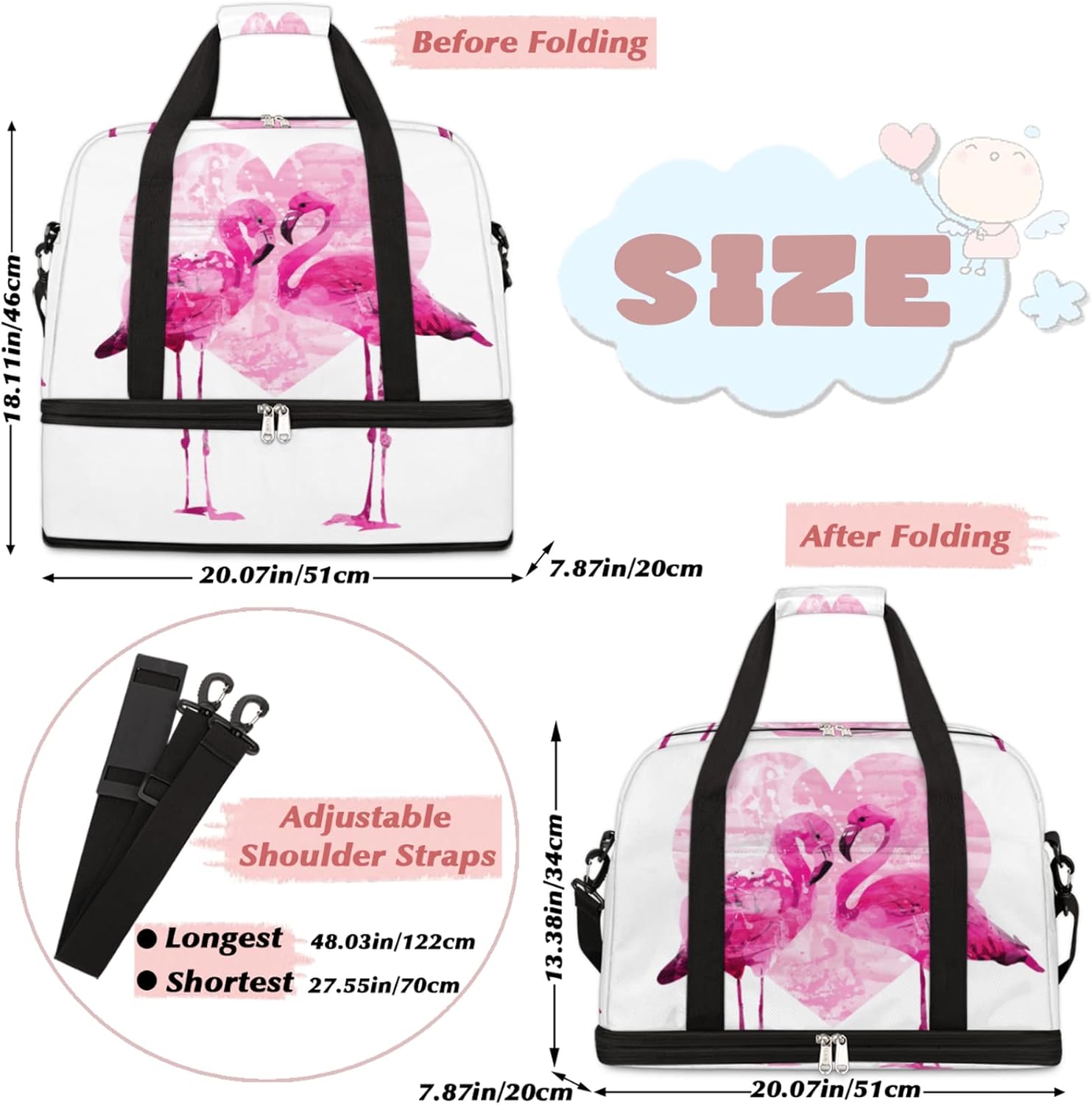 Couple Flamingo Foldable Travel Duffel Bag Tote Carry On Luggage Sports Gym Bag With Shoe Compartment For Woman Man Overnight Weekend Yoga Workout Training Handbag - Image 2