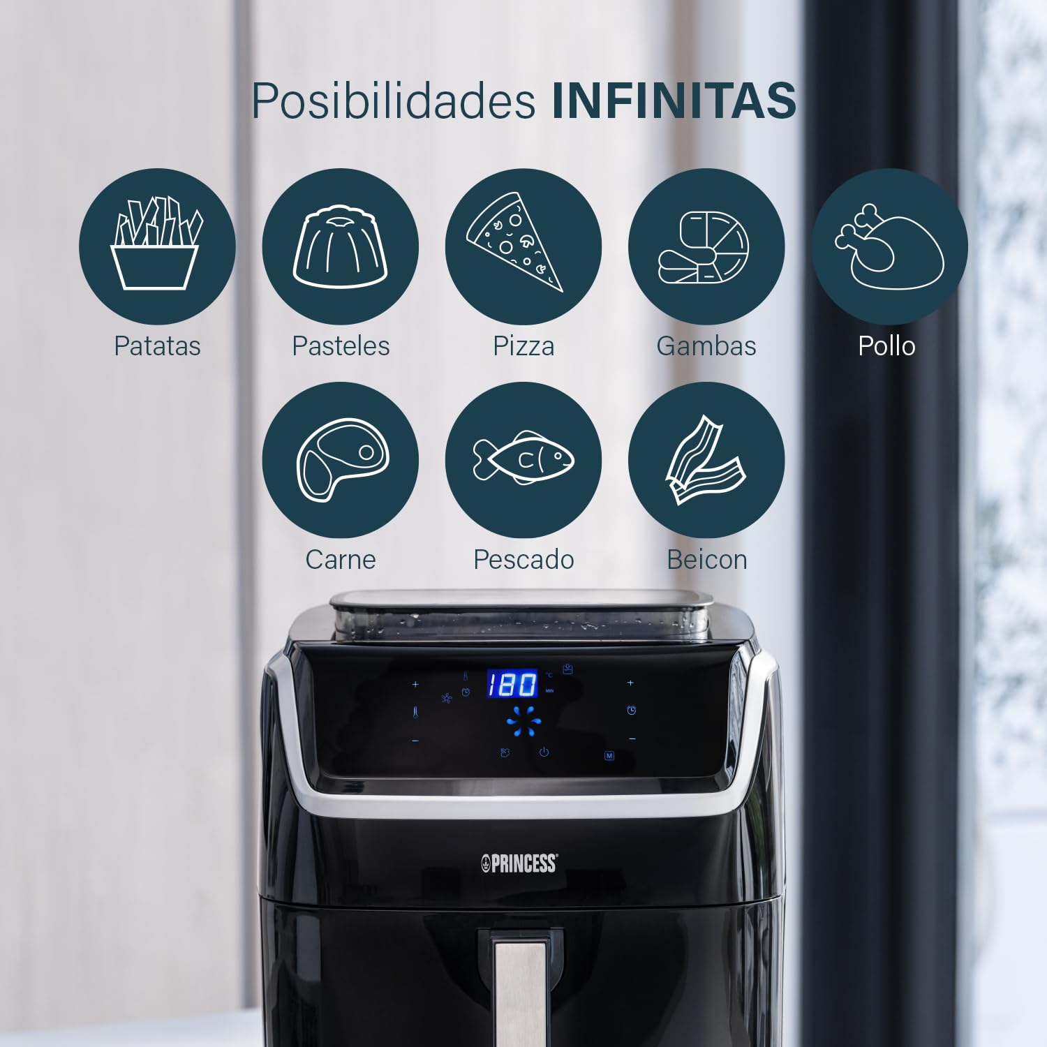 Princess 182080 Freidora sin aceite y vaporera 2 en 1 multifunción, capacidad 6.5 L, Ahorra hasta un 62,2% de energía, 8 programas, panel digital táctil, recetario en PDF y accesorios incluidos