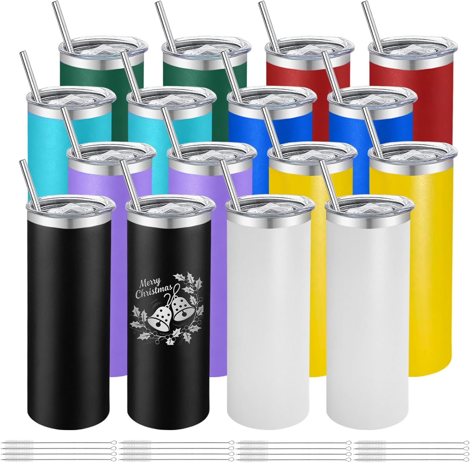 YOUKE OLA 16 Pack Stainless Steel Skinny Edge Tumblers Bulk Straight Double Wall Powder Coated Insulated Tumbler with Lid and Straw for Laser Engrave, 20oz Mix Colors