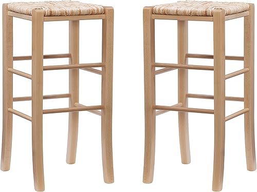 Miniatura 22 de Linon Augustus Taburete de bar sin respaldo de nogal con asiento tejido de hierba marina, juego de 2 Nuez,Natural,Blanco