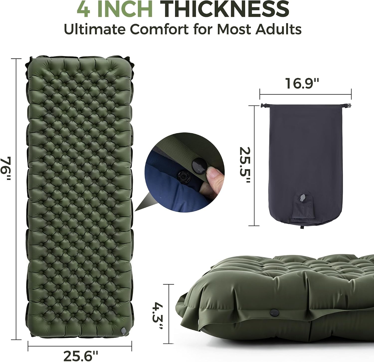 Asrug Camping Insulated Sleeping Pad with 9.0 R-Value for All Season Portable 4" Thick Camping Mattress Pad for Outdoor Hiking Tent Ultralight Backpacking Inflatable Sleeping Mat(Green)