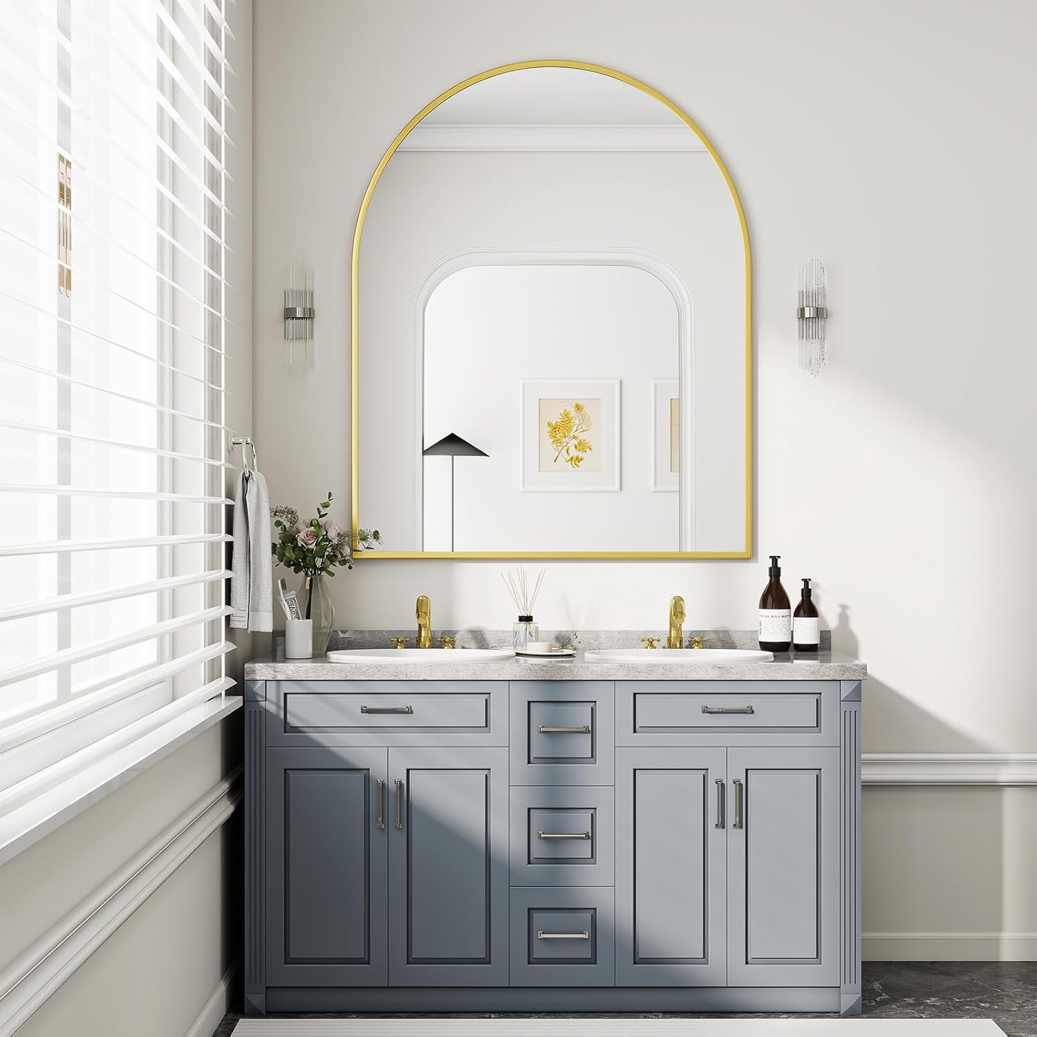 BEAUTYPEAK 36"x48" Arch Bathroom Mirror, Wall Mounted Vanity Metal Frame Mirror for Bedroom, Entryway, Living Room, Gold 48"L x 36"W Gold