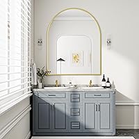 Vista 18 de BEAUTYPEAK Espejo de Pared Montado, Espejo de Baño Arqueado de 26 pulgadas x 38 pulgadas, Espejo de Tocador de Pared Dorado con Marco de Metal