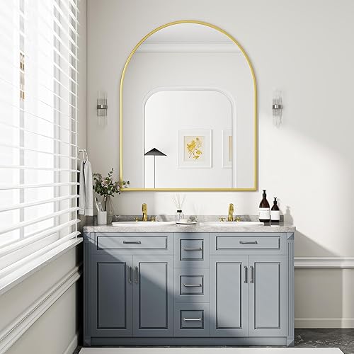Miniatura 18 de BEAUTYPEAK Espejo de Pared Montado, Espejo de Baño Arqueado de 26 pulgadas x 38 pulgadas, Espejo de Tocador de Pared Dorado con Marco de Metal