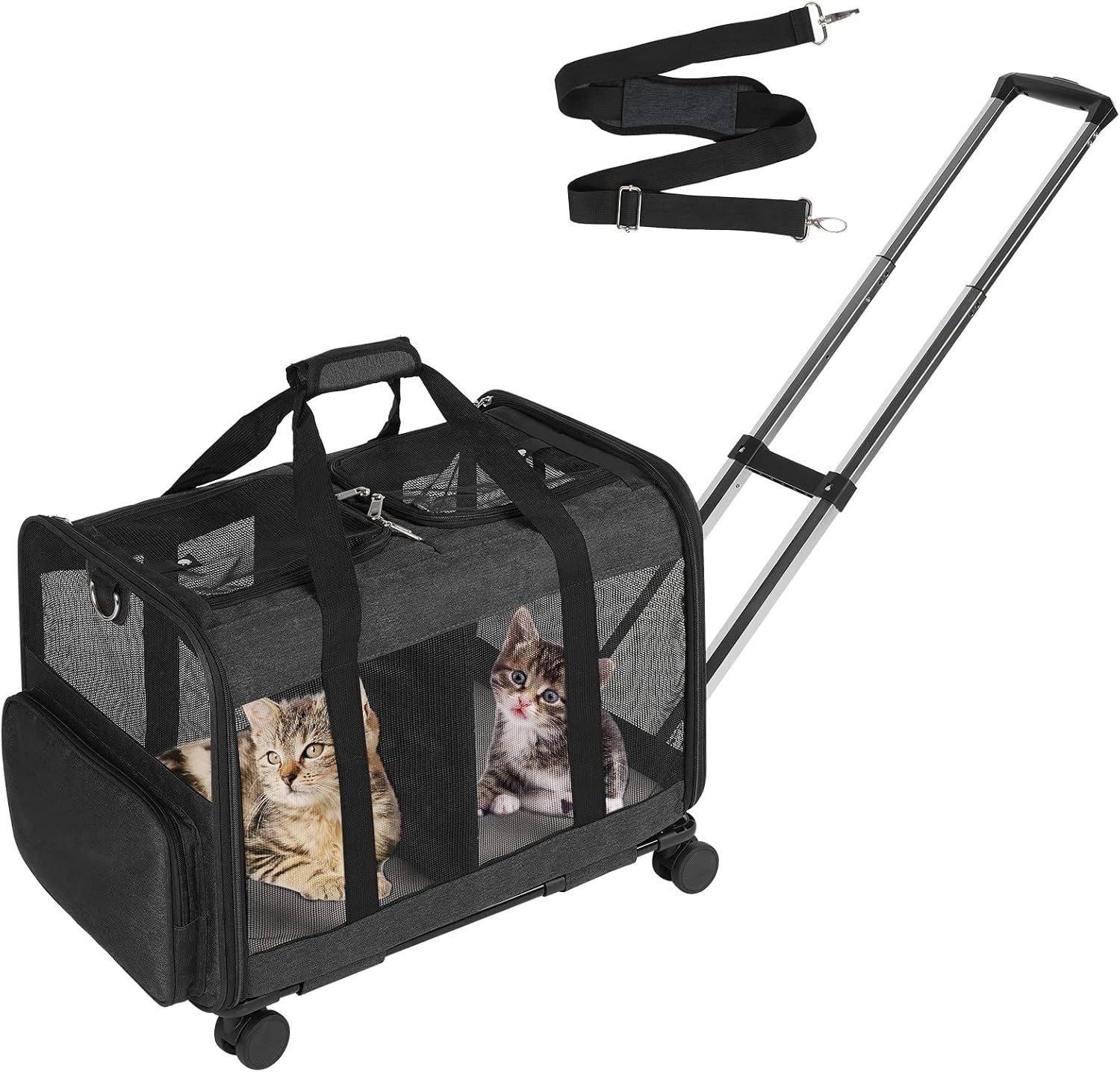 VOISTINO Double Compartment Pet Carrier with Detachable Wheels for Cat/Dog, Rolling Carrier for 2 Small Cats/Dogs, Super Ventilated…
