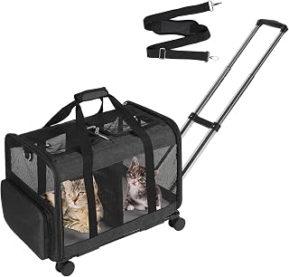 VOISTINO Double Compartment Pet Carrier with Detachable Wheels for Cat/Dog, Rolling Carrier for 2 Small Cats/Dogs, Super Ventilated Design, Ideal for Traveling/Walking/Camping, Black