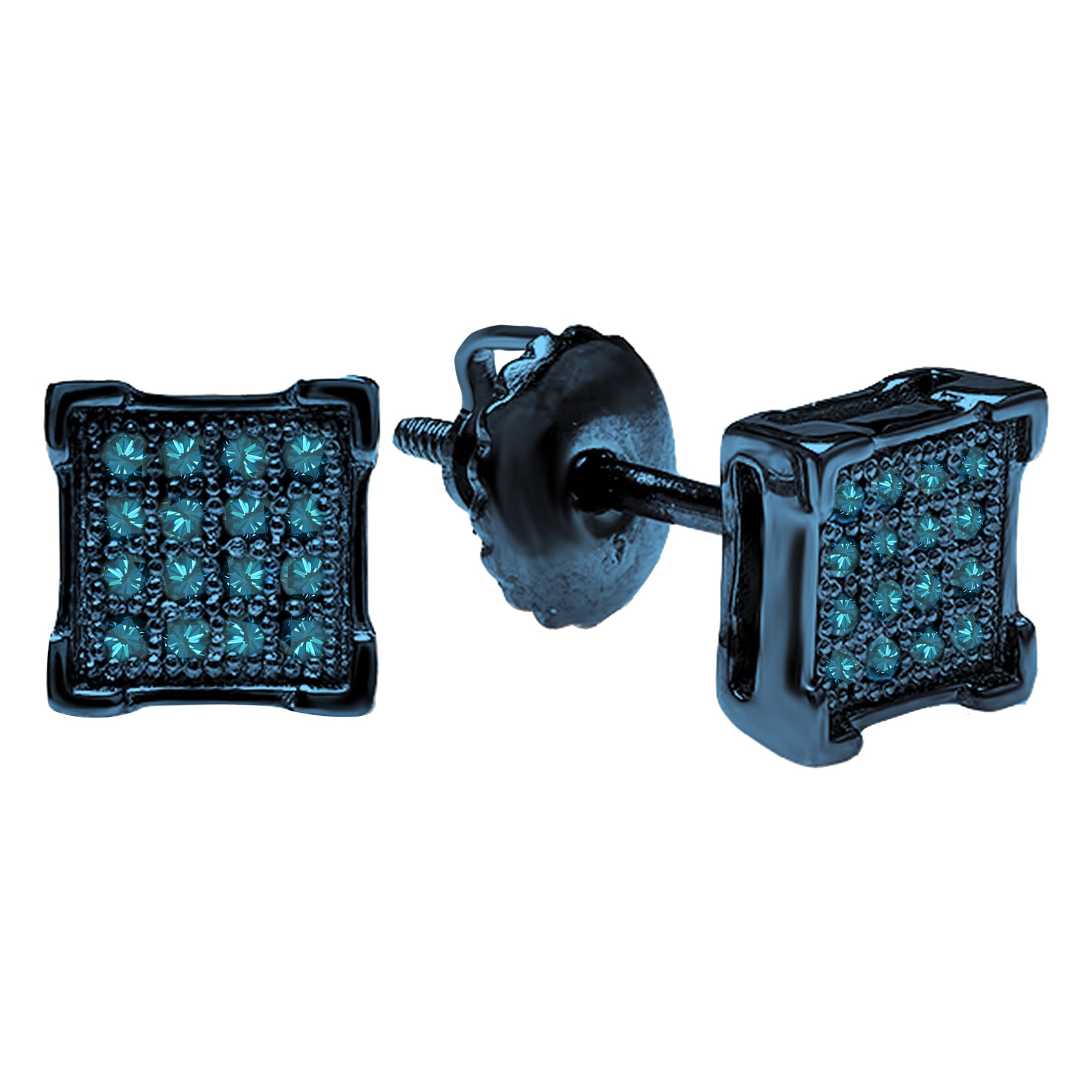 Dazzlingrock Collection 0.10 Ctw Natural Round Blue Diamond 5.5mm Square Hip Hop Iced Out Studs in Blue Plated Sterling Silver, Unisex Design Ladies,