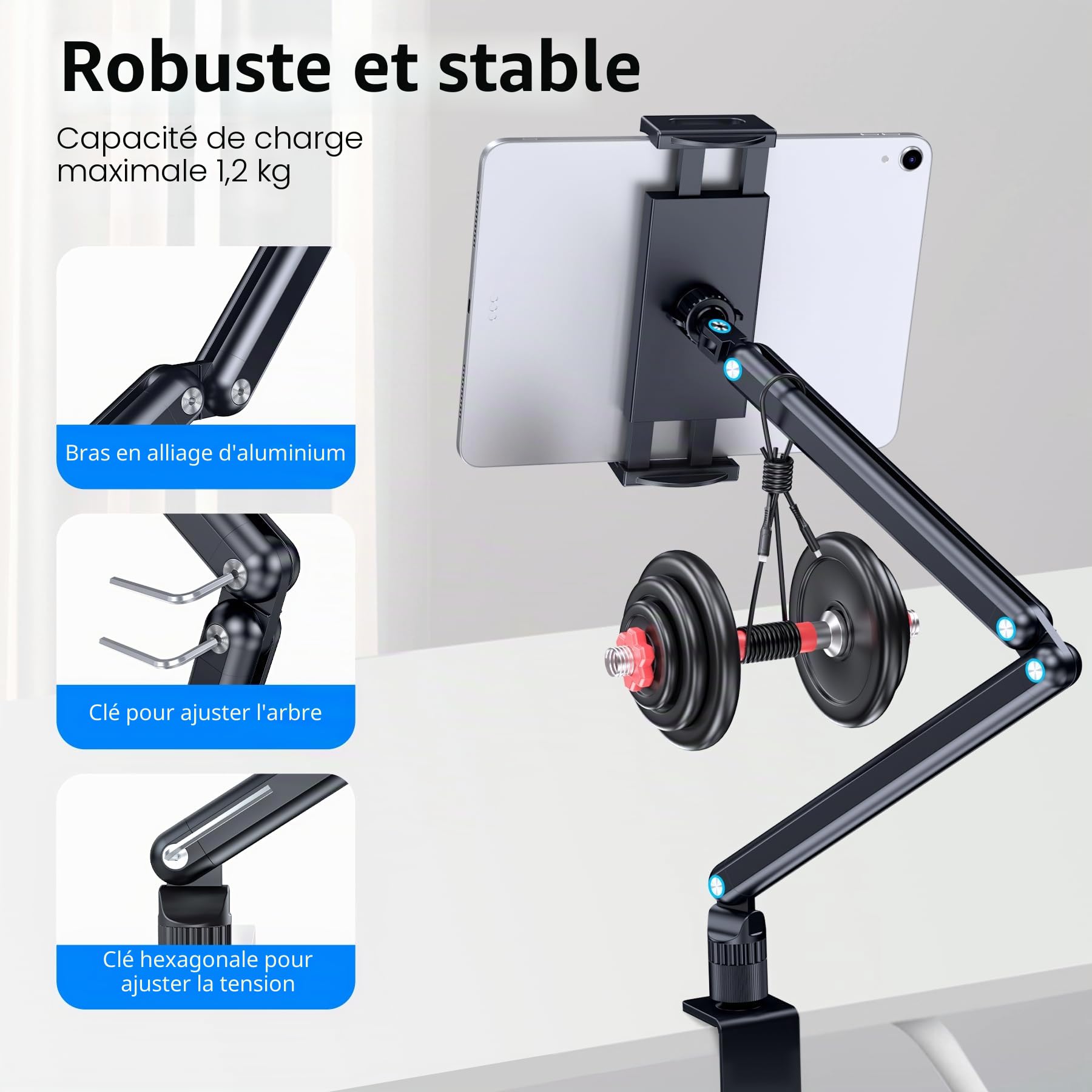 Support de tablette en aluminium avec base métal rotative 360° convient pour iPad Air Pro Mini, téléphones, Samsung Galaxy, Kindle, tous les appareils