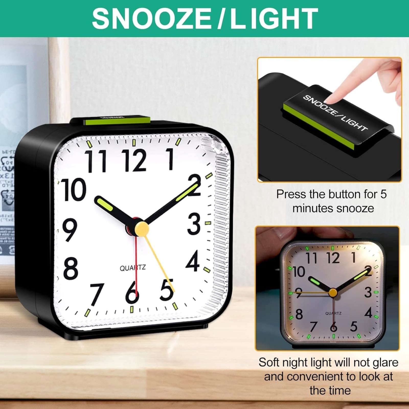 Reloj despertador analógico silencioso, funciona con pilas, reloj de noche de cuarzo