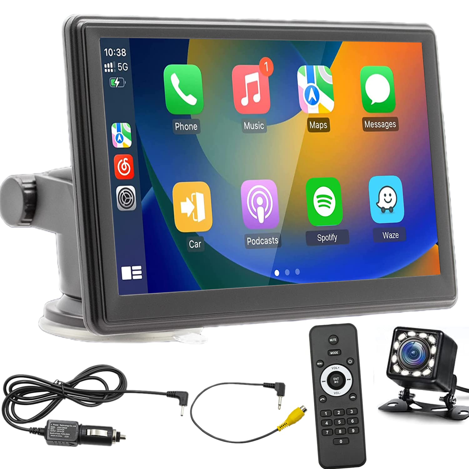 Autoradio portatile compatibile for wireless Carplay e Android Auto, auto stereo monitor 7" con telecomando, telecamera posteriore, Mirror Link, Bluetooth, trasmettitore FM, porta scheda AUX/USB/TF