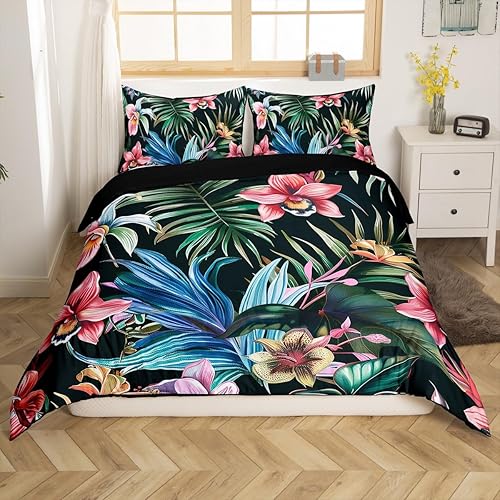 Miniatura 3 de Juego de funda de edredón de hojas de palma tropicales con hojas de selva tropicales de tamaño completo, exótica orquídea botánica para plantas de