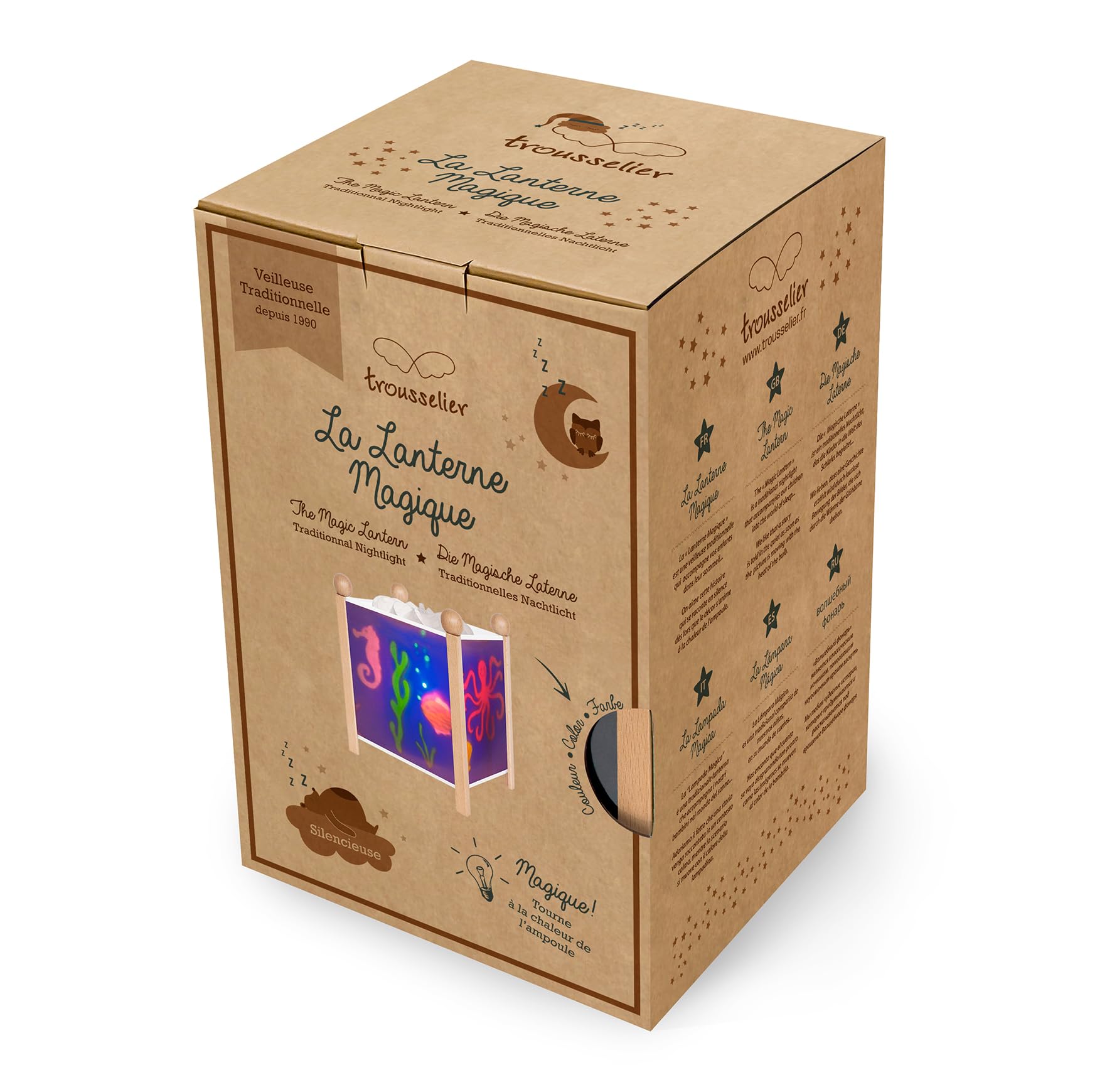 Trousselier - Meer - Nachtlicht - Magische Laterne - Ideales Geburtsgeschenk - Farbe Holz natur - animierte Bilder - beruhigendes Licht - 12V 10W Glühbirne inklusive - EU Stecker