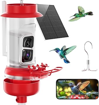 Soliom Hummingbird Feeder with Camera, Smart Feeder Camera with 2K Live View AI Identify, Leak Proof&Ant Moat&Bee Proof, Outdoor Pole/Hook Hanging, Ideal Gift for Family, 16 OZ with Solar Panel Red