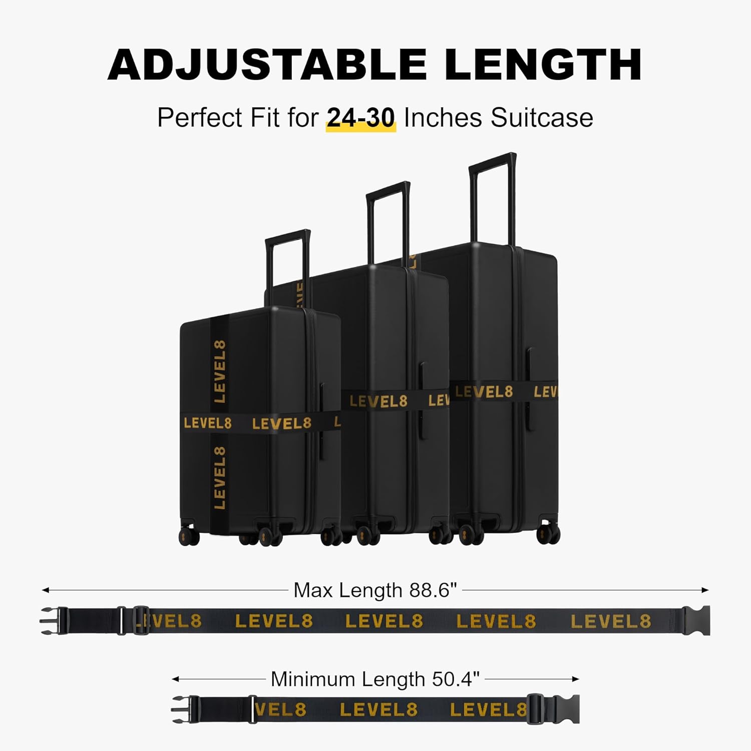 LEVEL8 Luggage Straps Suitcase Belt Buckle Straps Add-A-Bag Travel Accessories, Heavy Duty Strap, 2-Pack, Black