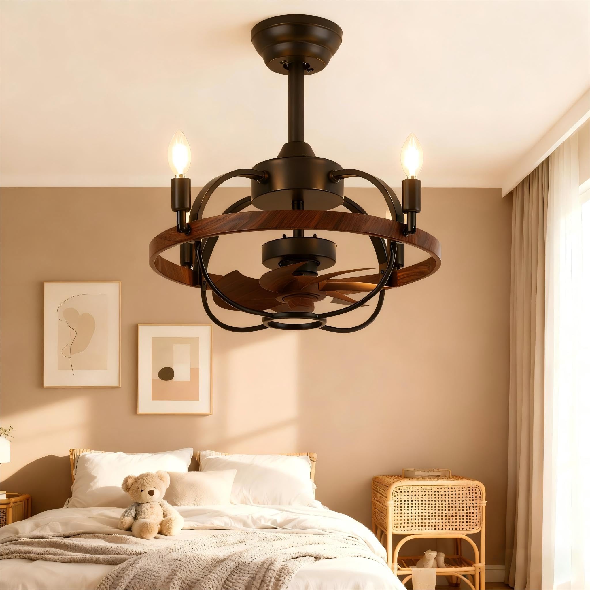 farmhouse rustic ceiling fan with light and remote, 20 inch brown walnut bladeless rustic chandeliers fan, vintage chandelier fan for living room, bedroom, hallway, entryway lighting