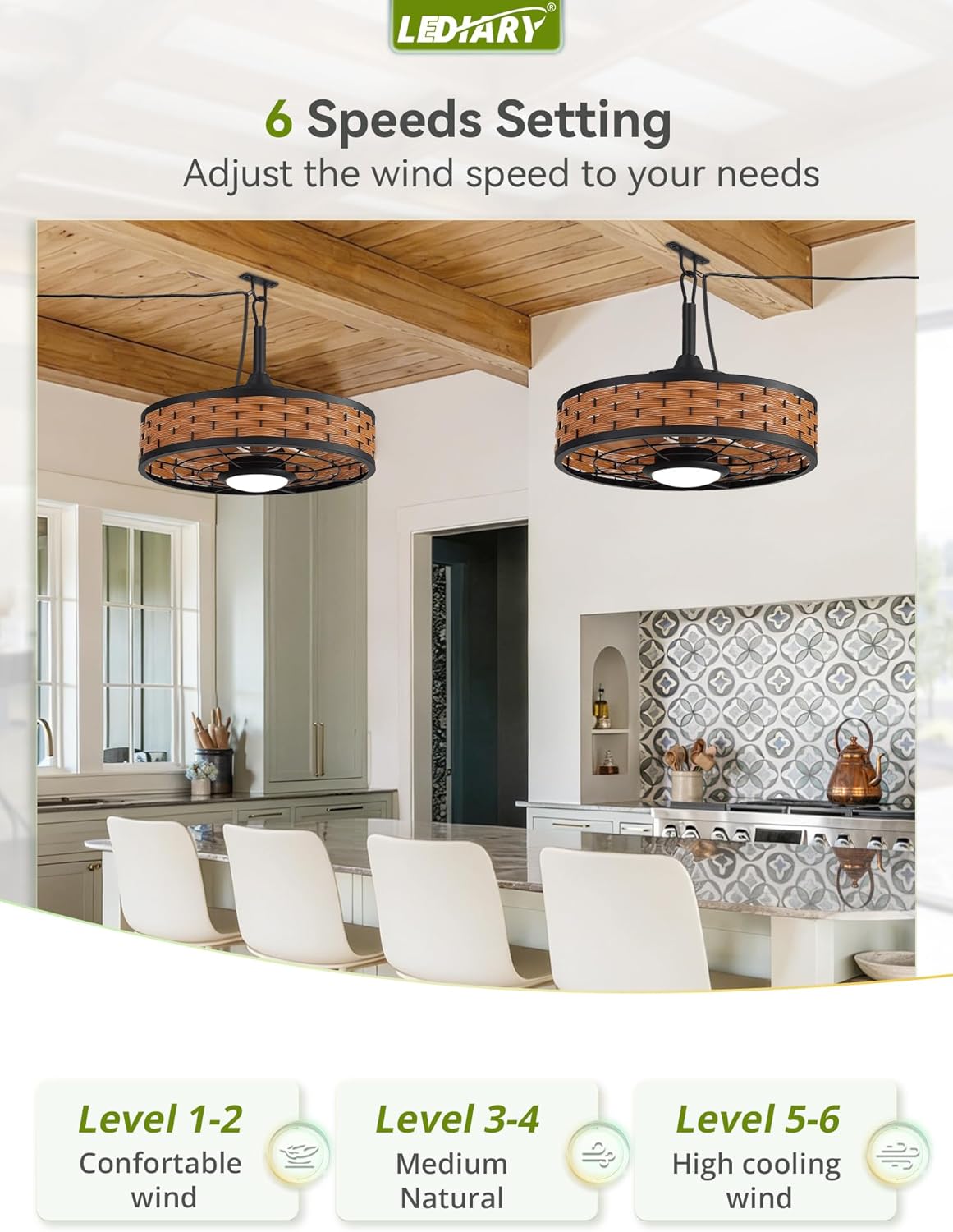 LEDIARY 20" Outdoor Ceiling Fans with Light for Patios, IP65 Waterproof Gazebo Fan, Boho Rattan Plug in Ceiling Fan Remote&APP Control, 3CCT Dimmable, 6-Speeds, Caged Fan for Gazebo,Patio,Porch