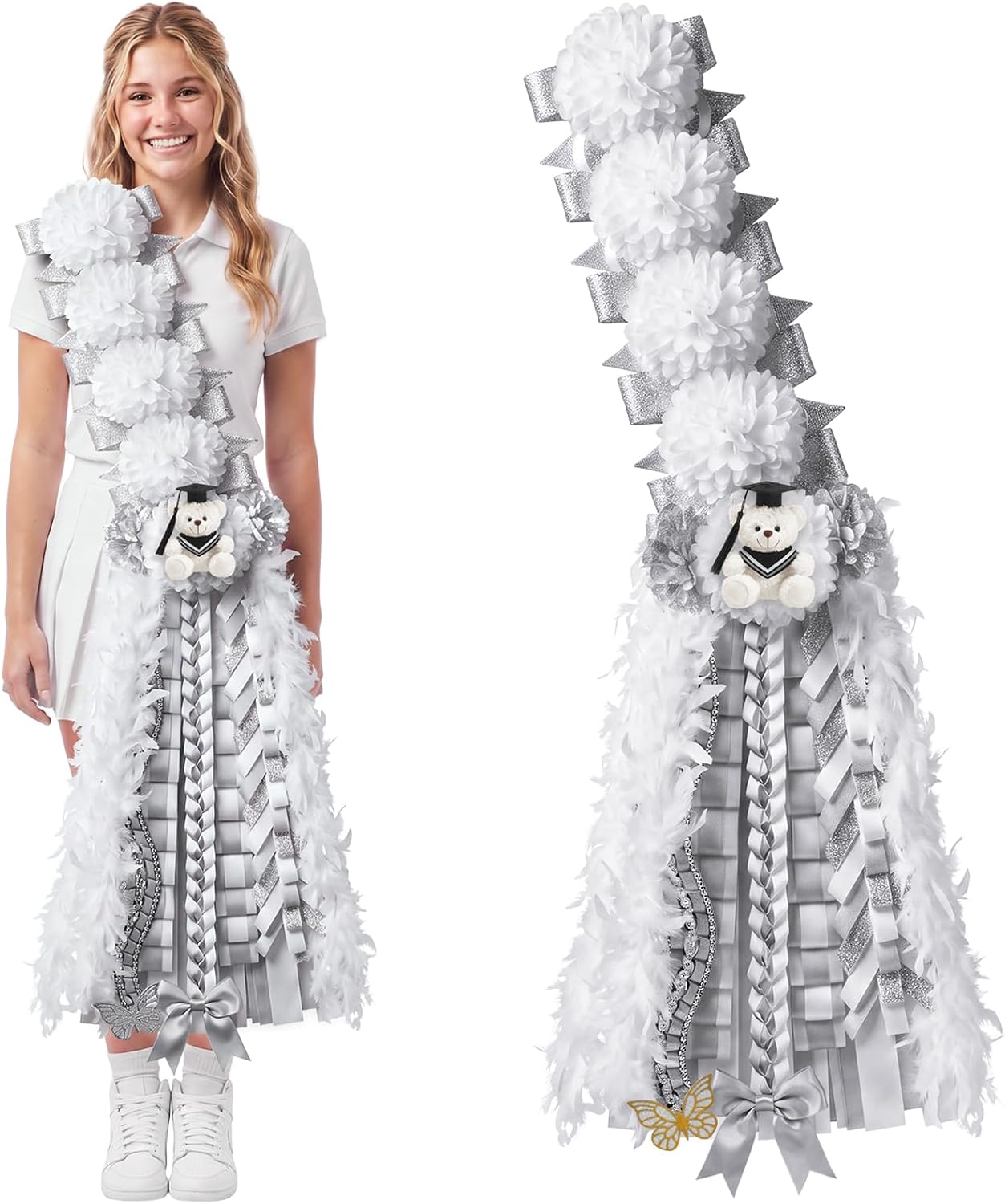 50" Homecoming Mum Sash Flowers with Teddy Bear Bow Ribbon, Silver White