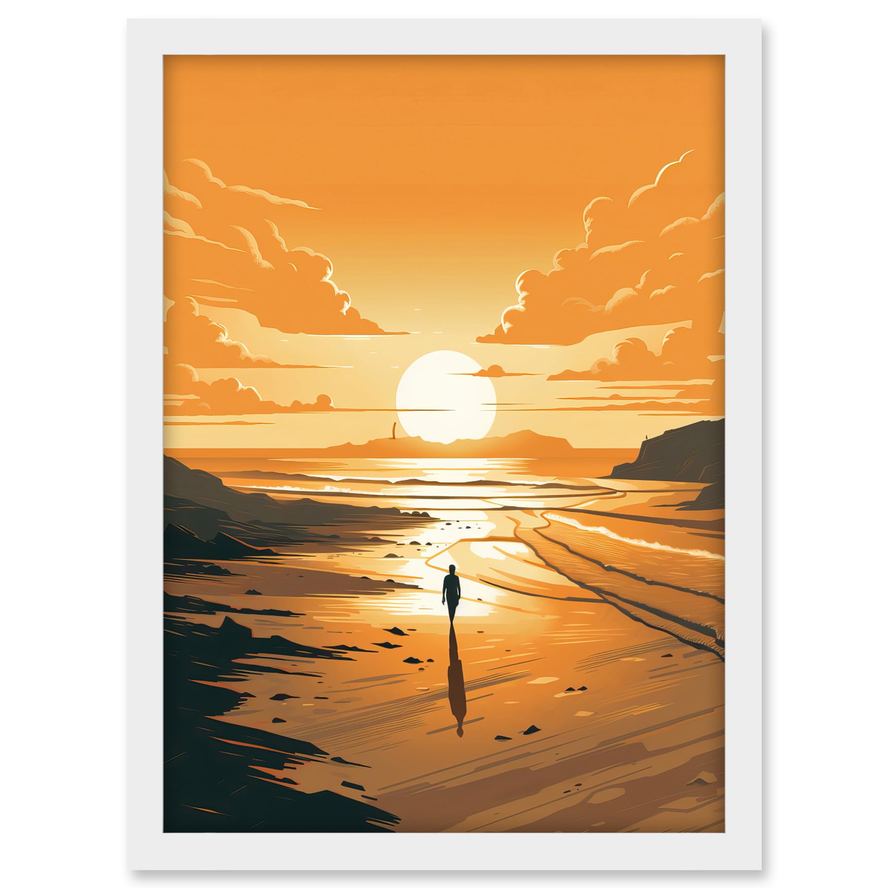Artery8 Walk into the Sunset Sand Beach Coastal Landscape Artwork Framed A3 Wall Art Print