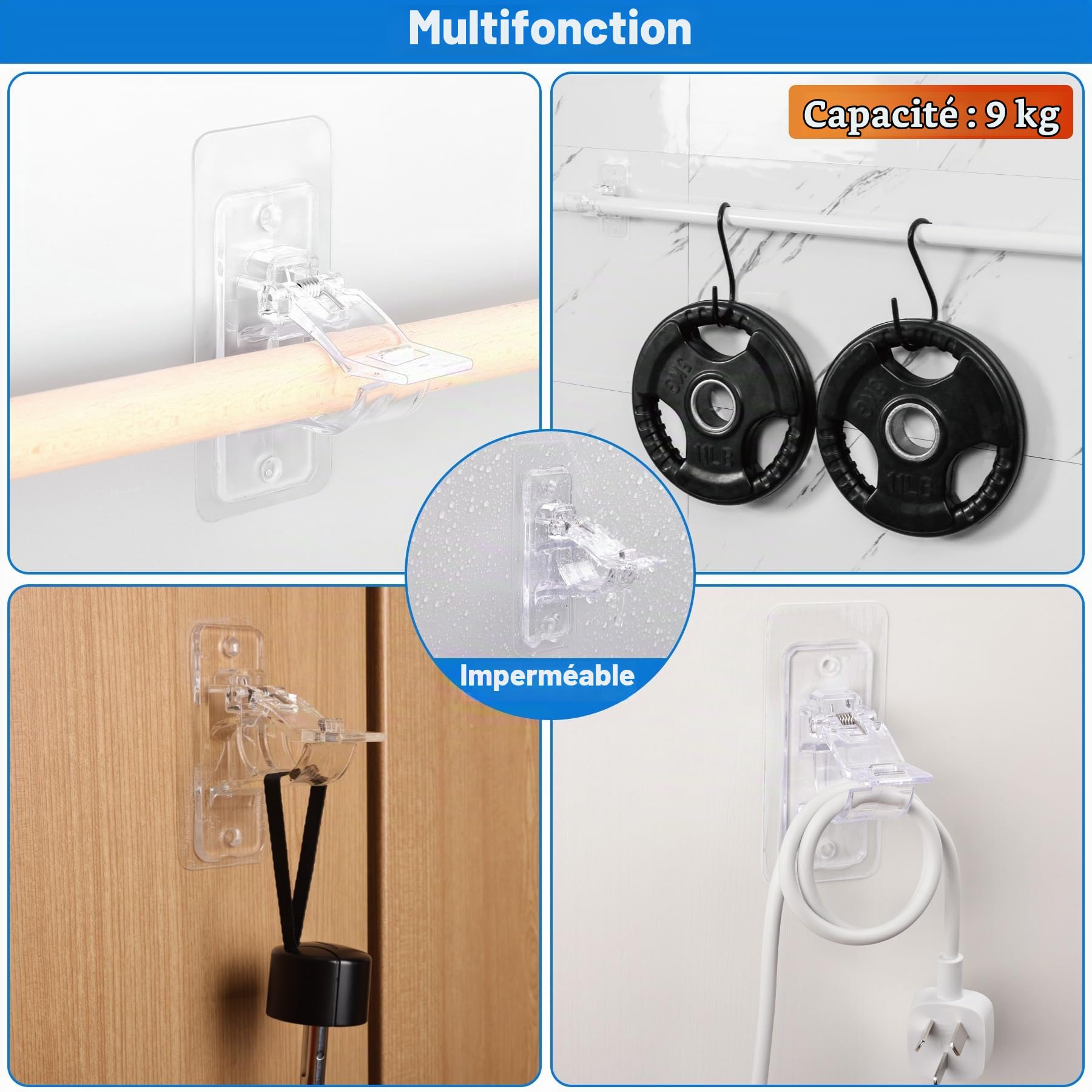 Antimbee Lot de 6 supports de tringle à rideaux auto-adhésifs sans perçage - Multifonctions - Sans clous - Pour dortoir, salle de bain, chambre à coucher, salon
