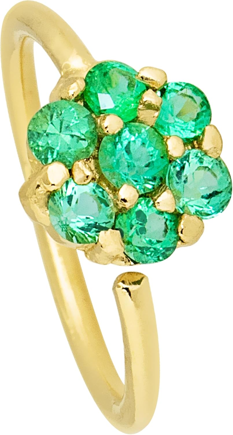 20G 14K Gold 7-stone Flower Emerald Nose Hoop Ring Twist-open 5/16"(8mm) Nose Ring, May Birthstone Hoop Unisex
