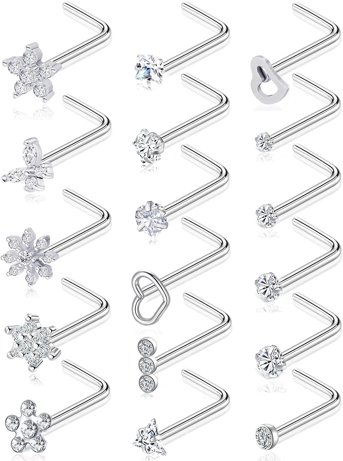 17Pcs Nose Rings Studs 20G Surgical Stainless Steel L Corkscrew Bone Shaped Nose Studs Butterfly Flower Heart Star Square Round CZ Nostril Piercing Jewelry for Women Silver Plated