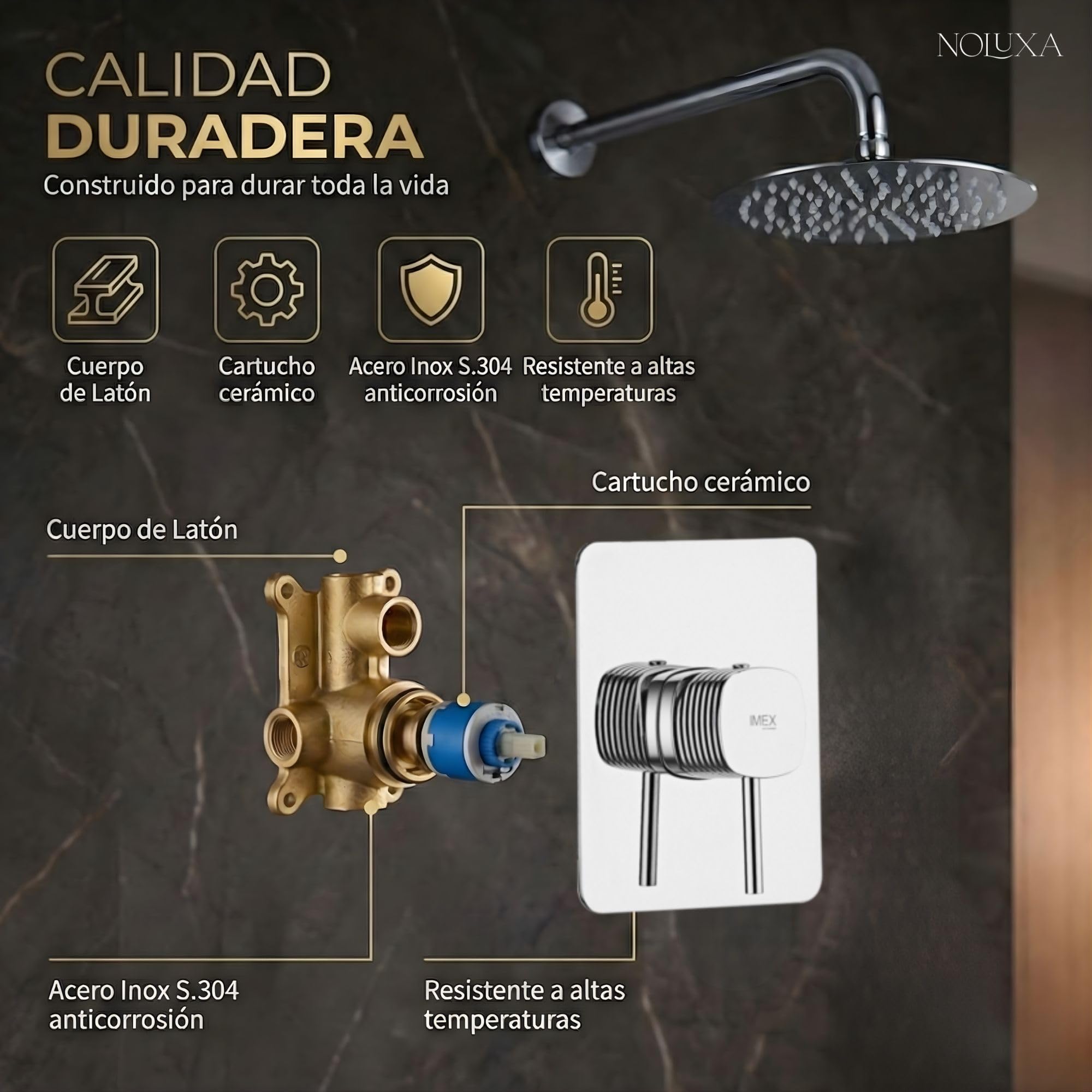 IMEX - Set de Ducha Pared con Alcachofa y Grifo Monomando Cromada | Barra de Acero Inoxidable S.304 Redonda con Soporte para Alcachofa de Ducha Ajustable | Grifería en Latón (SIN ROCIADOR)