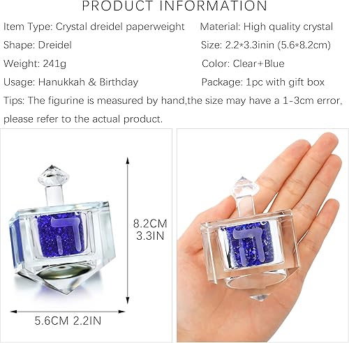 Miniatura 2 de QFkris Adorno de Hanukkah Dreidel de cristal soplado con diamantes triturados azules, arte de cristal, coleccionable, Dreidel judío, pisapapeles