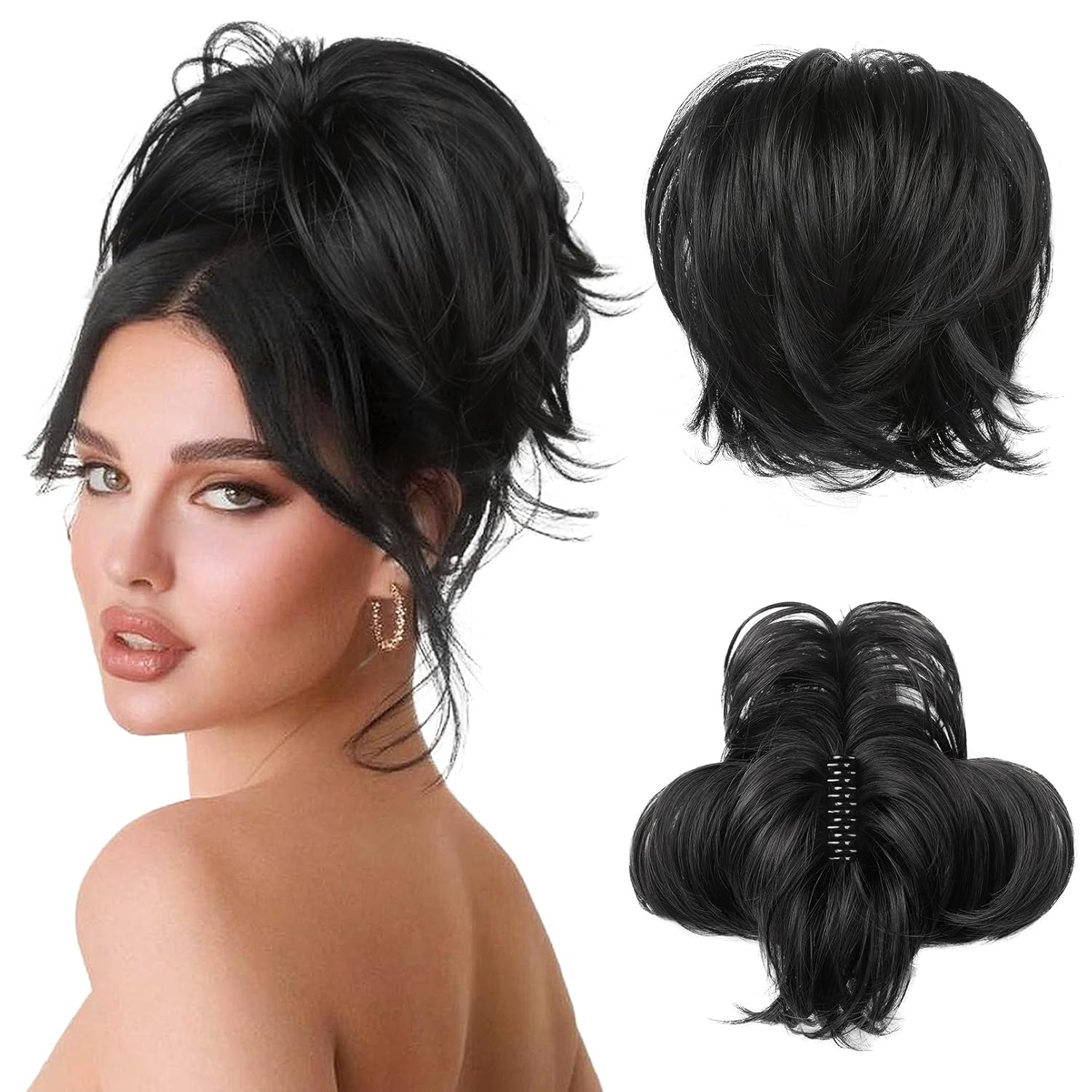 HOOJIH Messy Bun Hair Piece, Claw Clip in Straight Hair Bun 9 Inch Short Ponytail Extension with Bendable Metal Wire Hair Pieces for Women Fake Hair Bun DIY Styles – Black