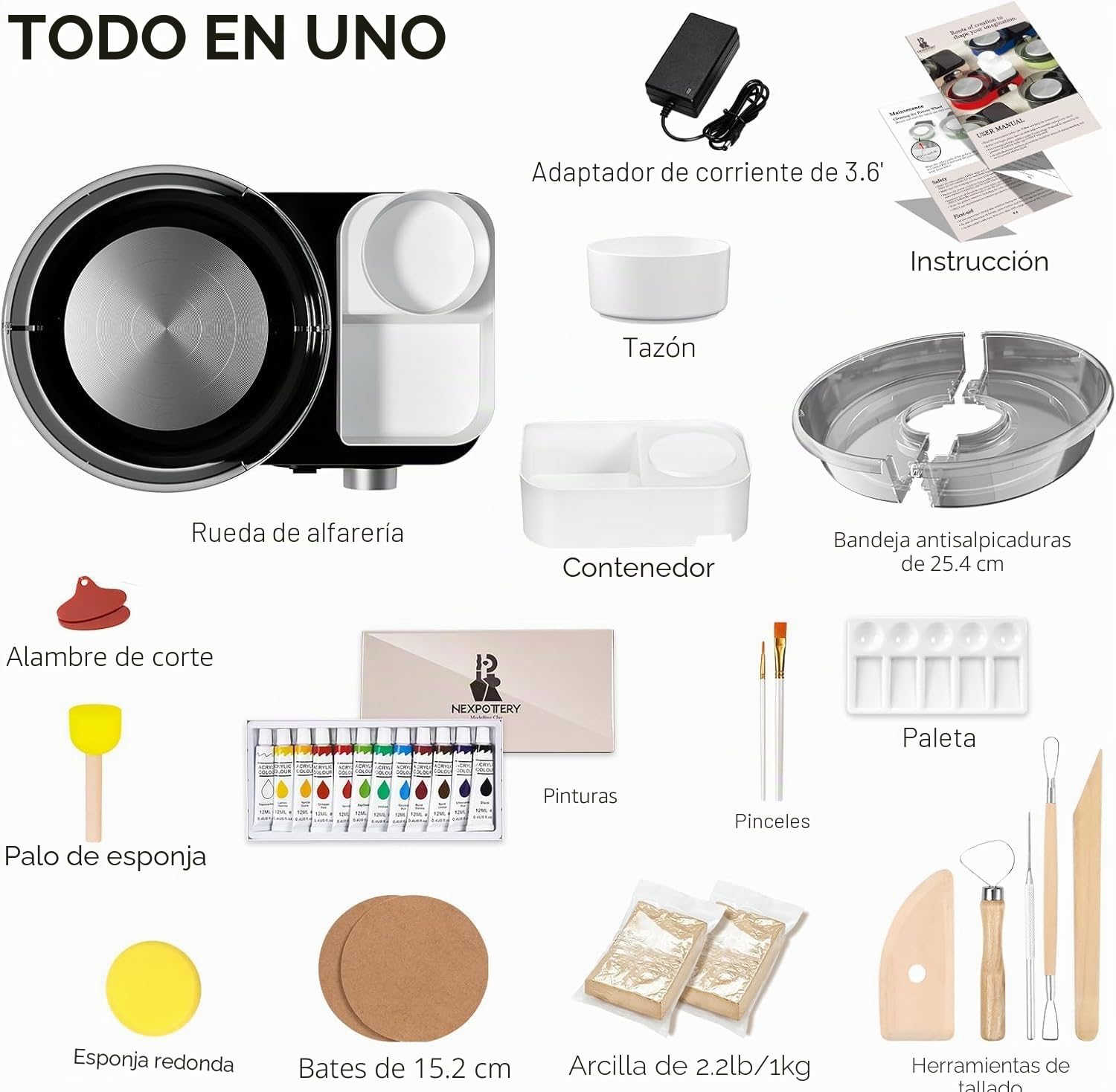 Torno Ceramica Eléctrico para Principiantes y Profesionales – Kit de Ceramica Completo para Casa con 1kg de Arcilla, 0-200 RPM y Accesorios, Máquina de Alfarería para Proyectos DIY