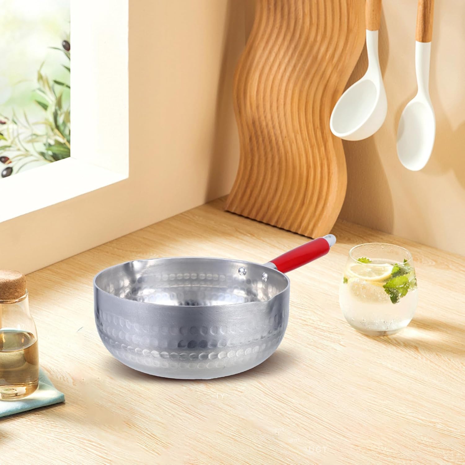 Small Saucepan for Butter Melting Heating Sauce Making Japanese Pot Wooden Handle Dual Spouts for Precise Pouring Compatible Induction Open Flame Cooking