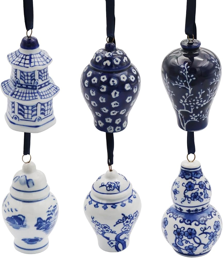 Blukat Design Ornaments 6PC Chinoiserie Ornaments Blue and White Porcelain Hanging Ornam