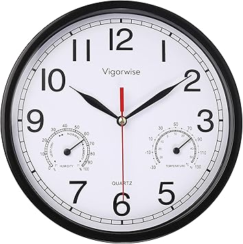 Vigorwise Wall Clock, Sweep Silent Movement Accurate Clocks with Temperature & Humidity, Decorative for Kitchen/Living Room/B