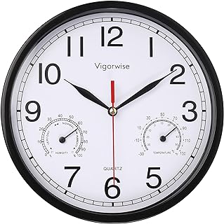 Wall Clock, Sweep Silent Movement Accurate Clocks with Temperature & Humidity, Decorative for Kitchen/Living Room/Bedroom/Office/School/Classroom (Black, 8 inch)