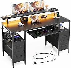 Rolanstar Gaming Table with Socket, 120 x 47 cm Desk with Drawers, LED & Monitor Stand, Computer Desk with Keyboard Tray, Gaming Desk for Home Office, Office, Living Room, Black