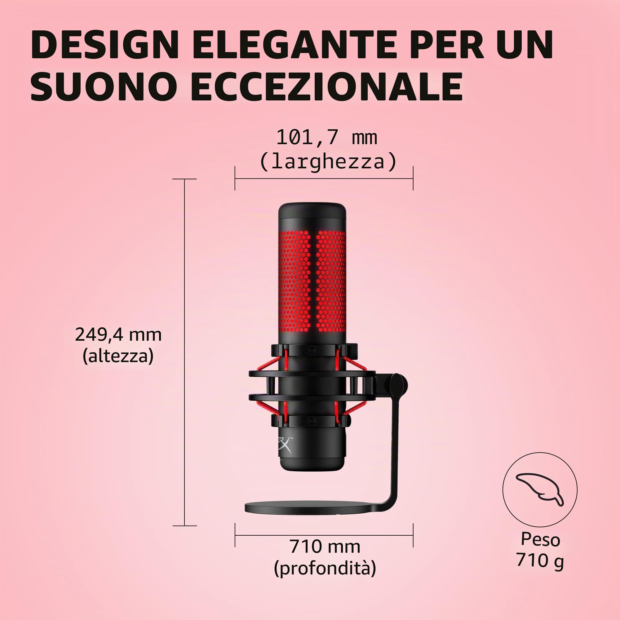HyperX QuadCast, Microfono da Gaming, USB a condensatore, Anti-Vibrazione, FiltroPop, Indicatore LED, Sensore Tap-To-Mute, Jack Audio, Streaming, Discord, TeamSpeack, per PC, PS5, PS4, Mac, Rosso/Nero