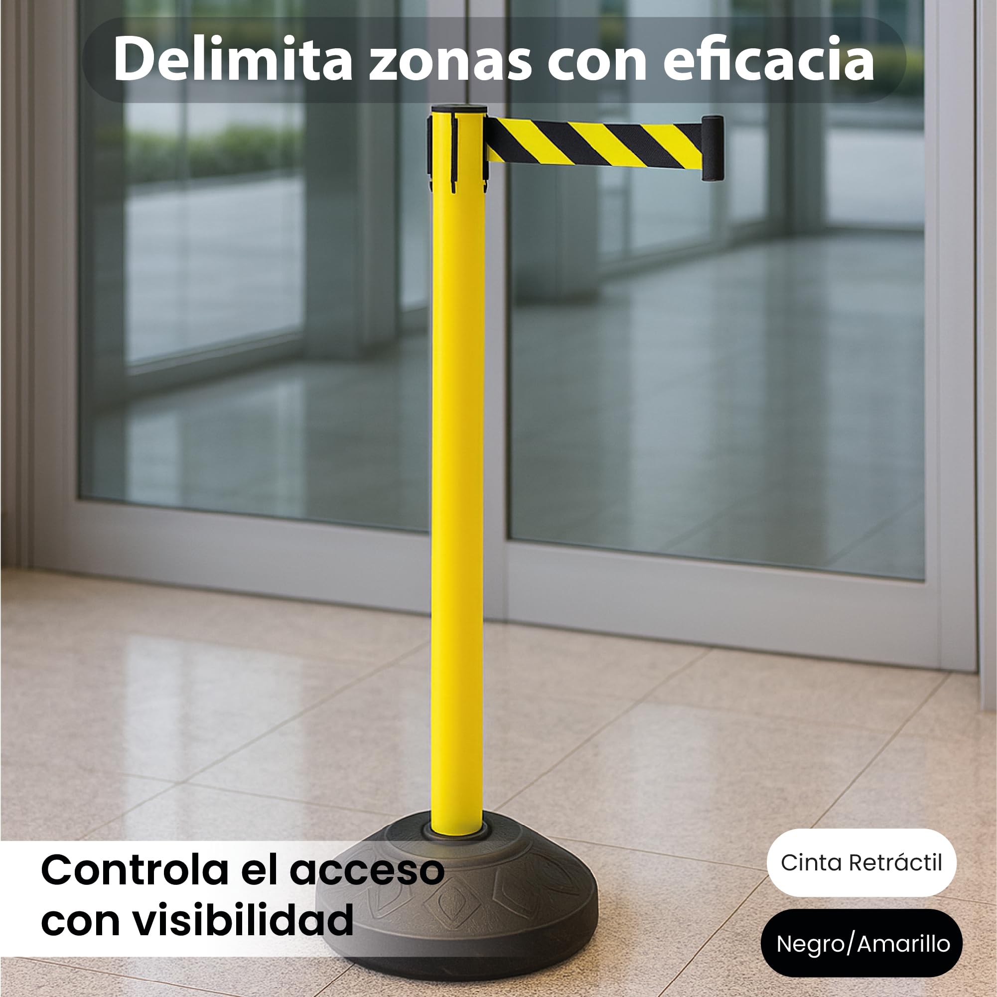 Postes Separadores con Cinta Extensible Amarillo 91cm Acero Resistente 4 Vías de Conexión