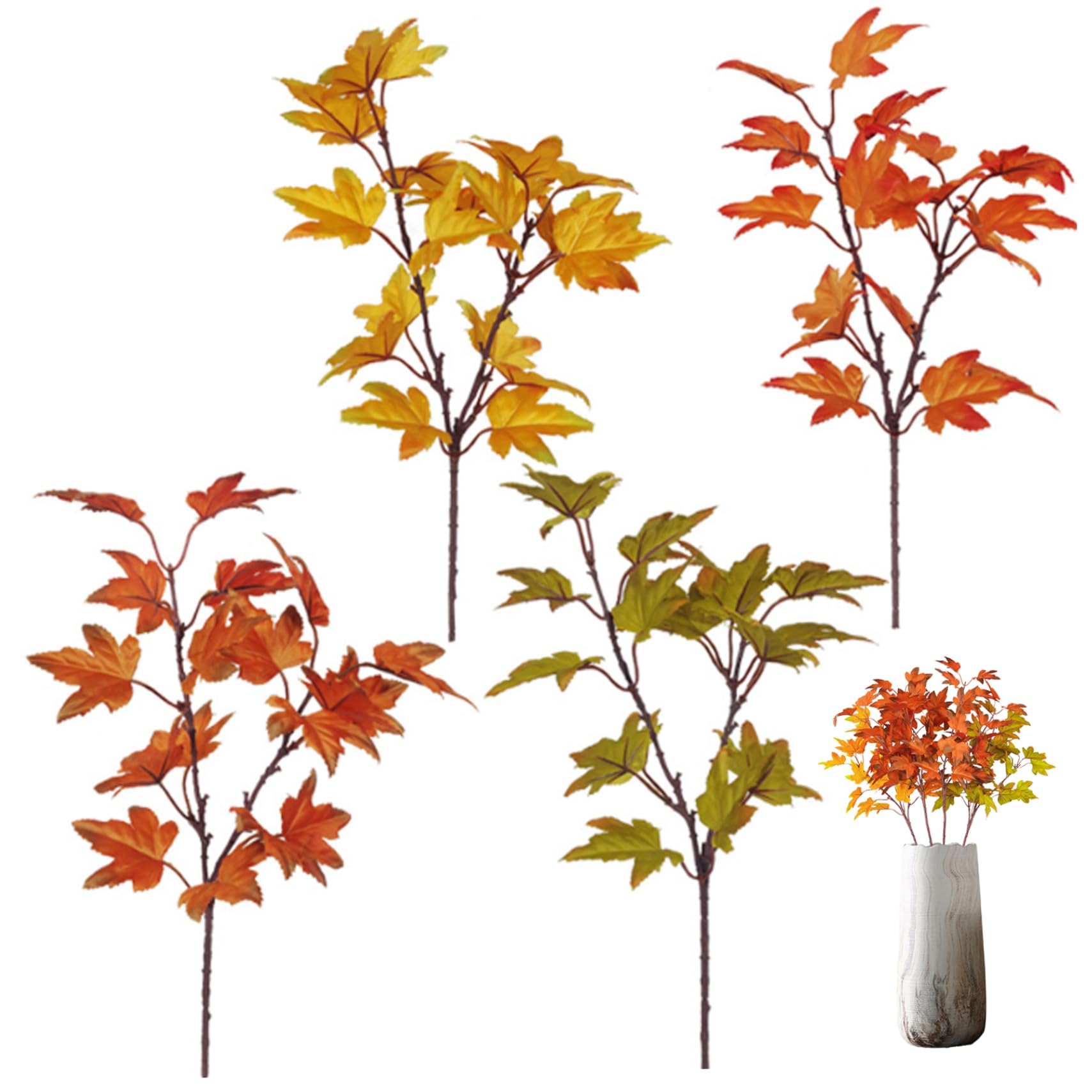 Grsrkep 4Pcs Artificial Maple Leaves Fall Leaves Stems Plants 15.35x9.06 Inch Autumn Shrubs Artificial Thanksgiving Decor