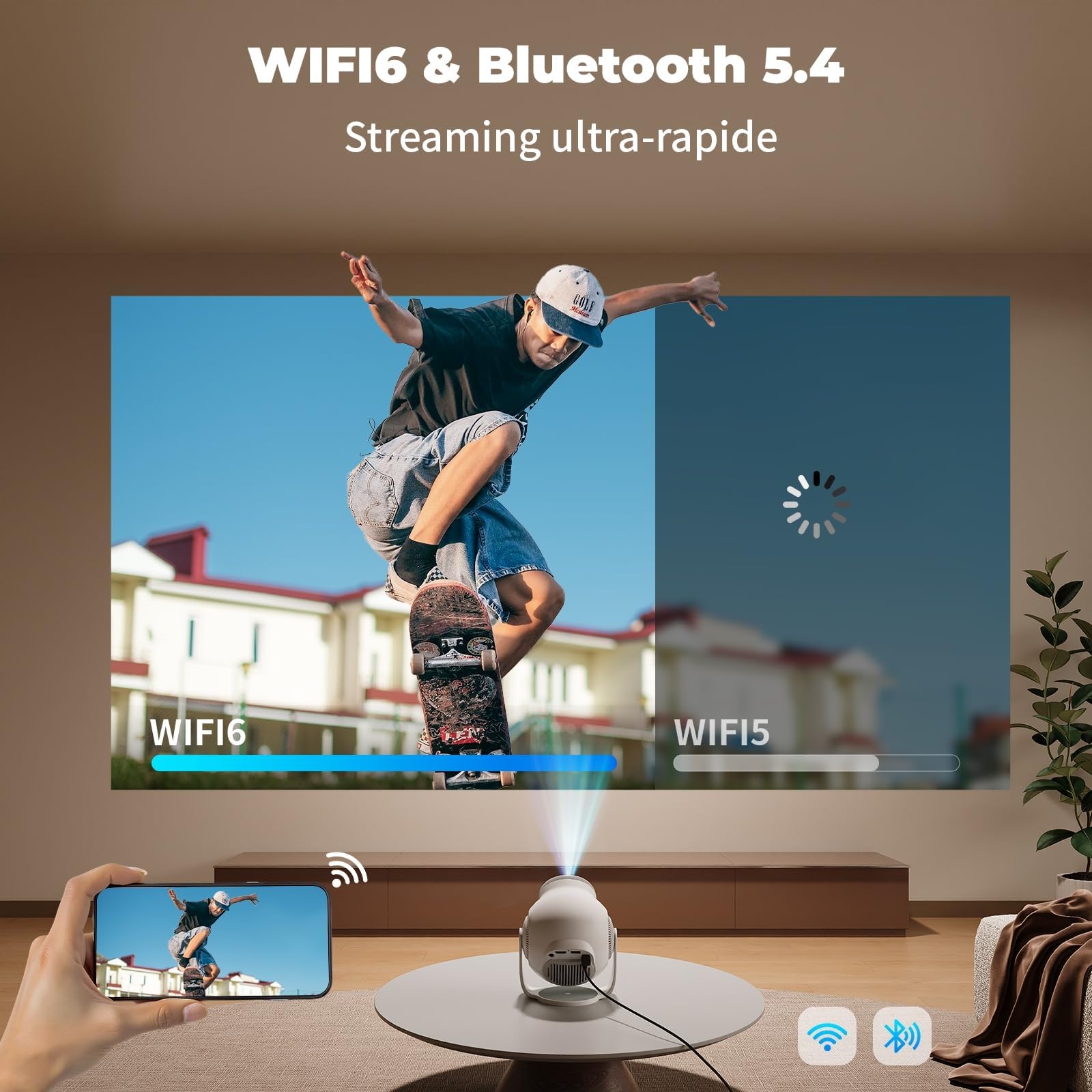 [App integrata] Mini proiettore portatile WiFi 6 e Bluetooth 5.4, 480 ANSI Lumens, proiettore 1080P e decodifica 4K, proiettore video per camera, home theater e outdoor