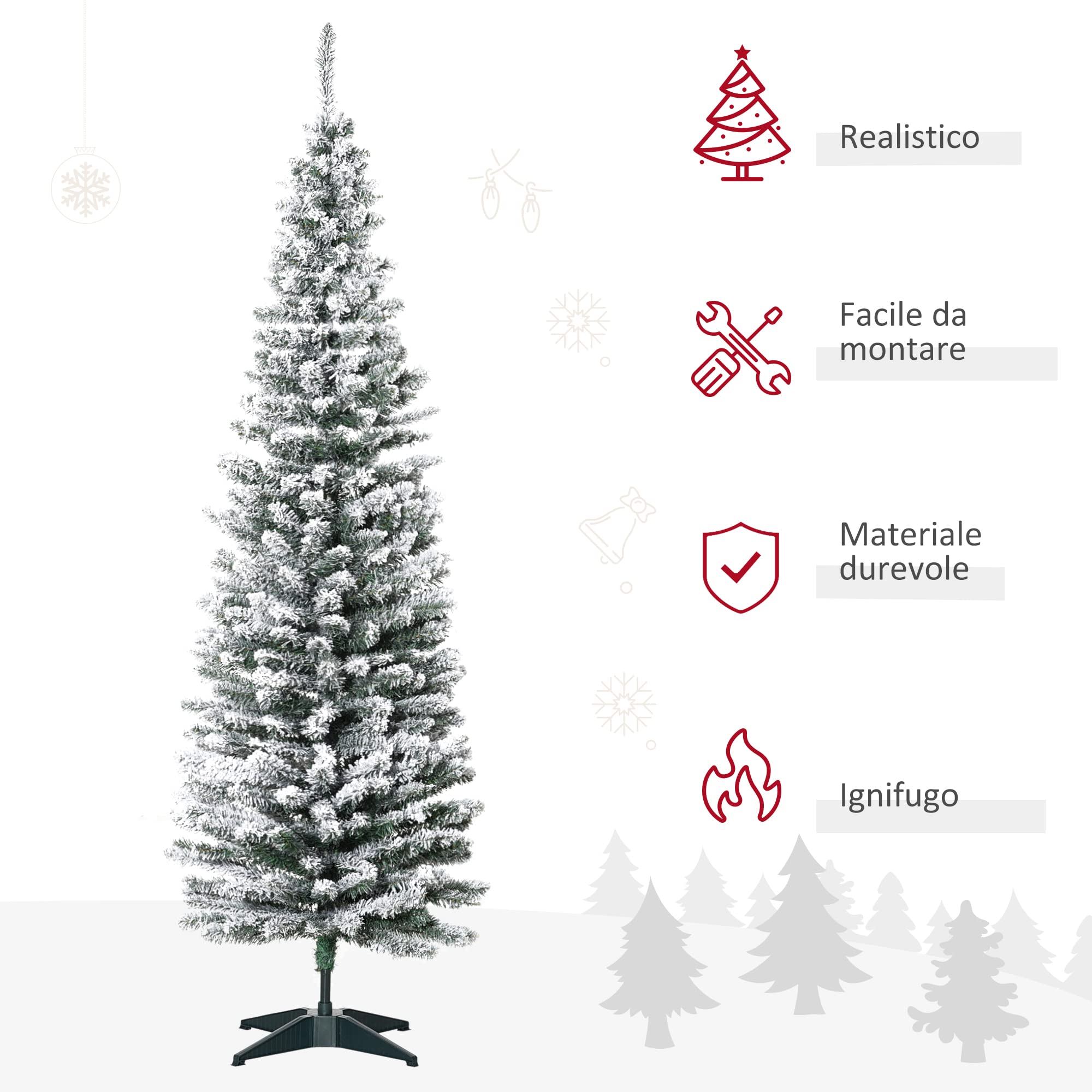 HOMCOM Albero di Natale Slim Artificiale 180 cm con Rami Realistici, Albero di Natale Innevato Alto e Stretto con Base Pieghevole, Verde
