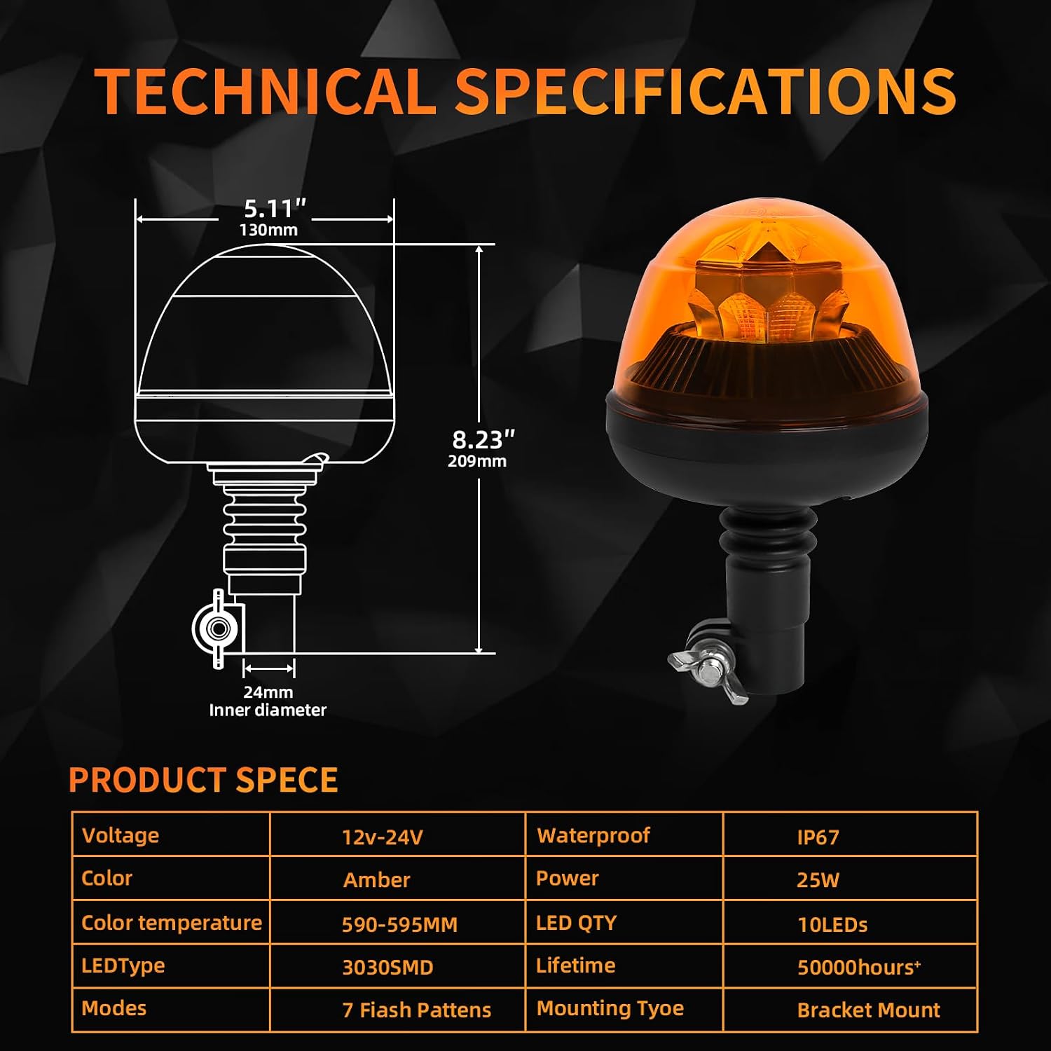 Amber LED Rotating Beacon Light, Flashing Warning Light with 7 Modes, 12-24V Emergency Strobe Lights for Trucks Vehicles Construction IP67 Waterproof (Pole Mount)